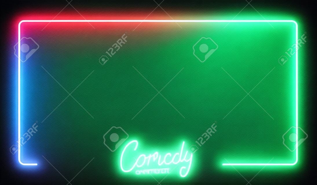 Comedy show neon template. Comedy lettering and glowing neon border frame.
