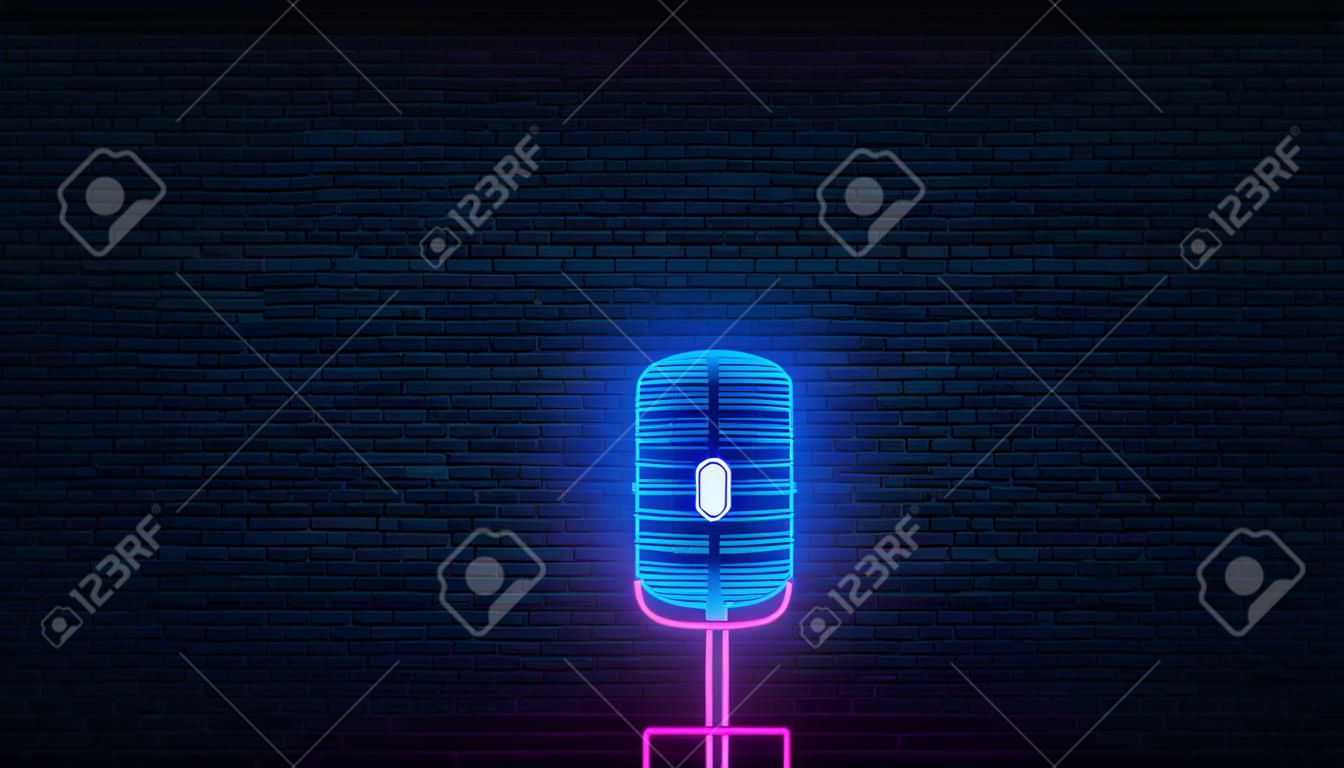 Microphone neon. Template for podcast, live music, stand up, comedy show.