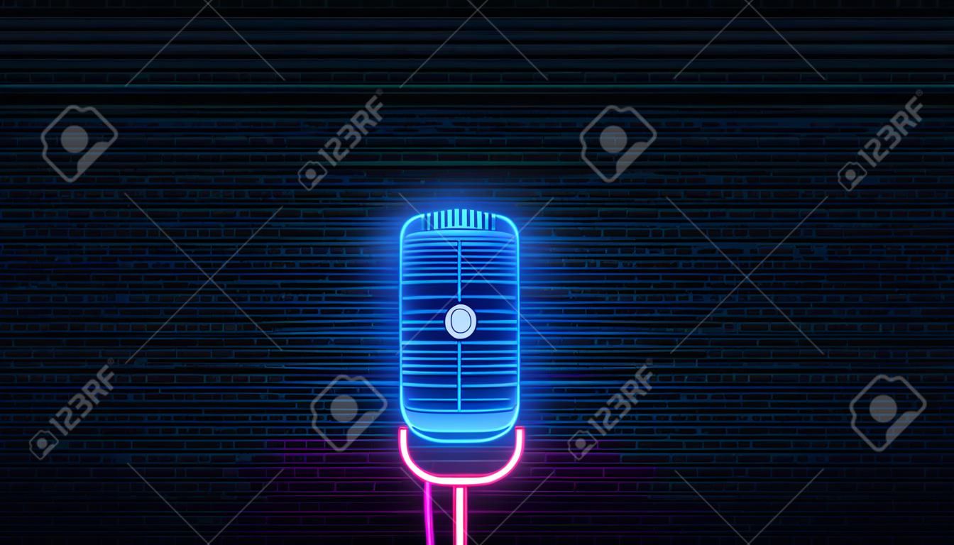 Microphone neon. Template for podcast, live music, stand up, comedy show.
