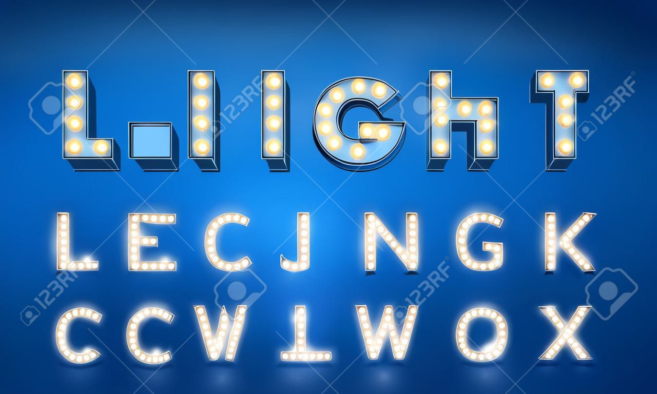 Light bulb font. Retro style 3d typography typeface alphabet.