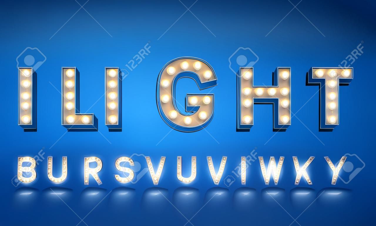Light bulb font. Retro style 3d typography typeface alphabet.