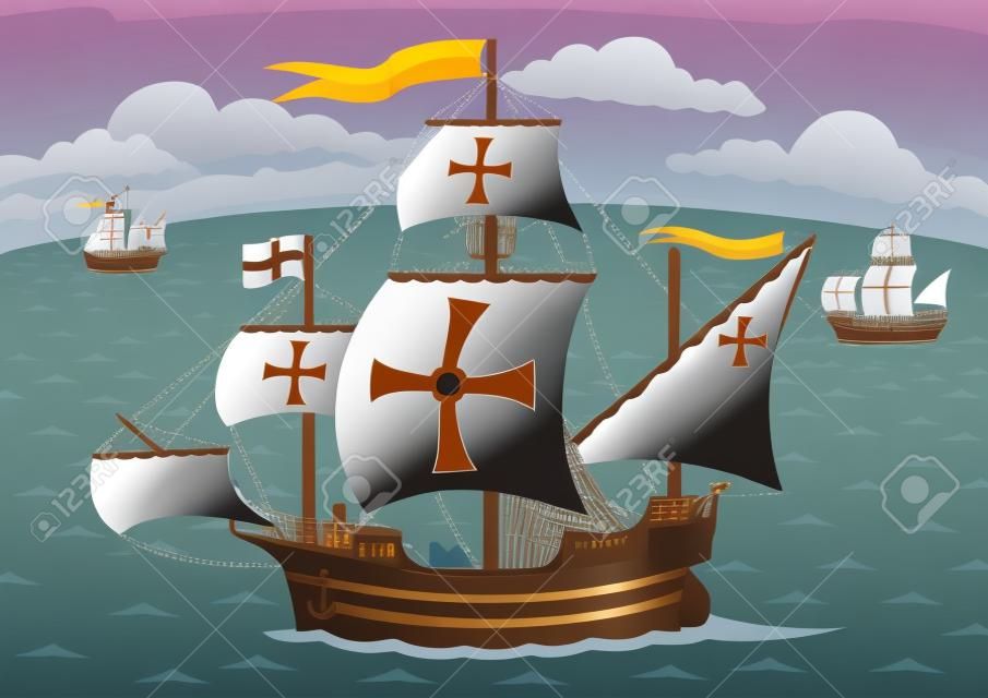 Les navires de Christophe Colomb sur le chemin de l'Amérique. Retirez la croix et vous obtenez trois navires à voile ordinaire. Aucune transparence et dégradés utilisés dans le fichier vectoriel.