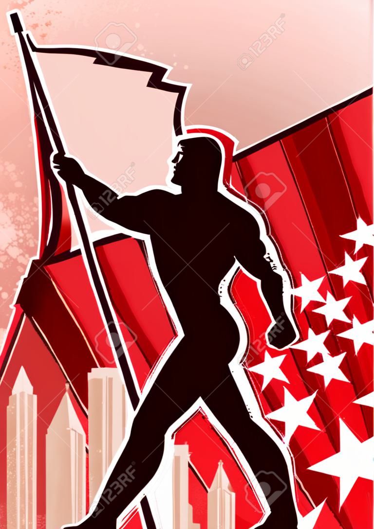 Retro poster with flag bearer. No transparency and gradients used.  