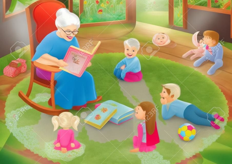Бабушка читает сказки своим внукам.