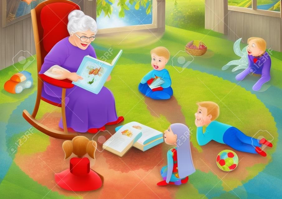 할머니는 그녀의 손자에게 동화를 읽고 있습니다.