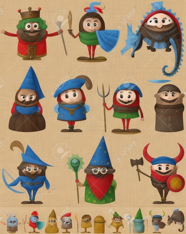 Set di 10 personaggi dei cartoni animati medievali