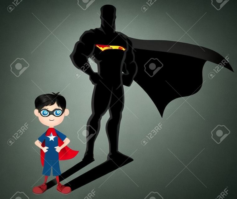 Koncepcyjne ilustracja chłopca z superbohatera cieniu