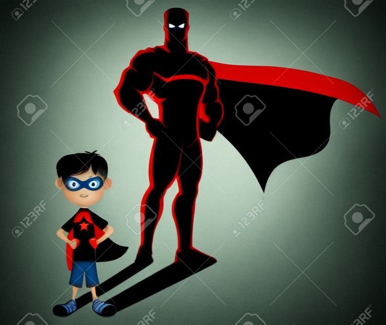 Conceptual illustration of little boy with superhero shadow  