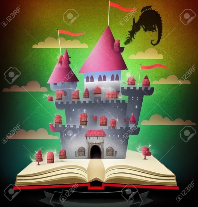 與它童話城堡打開的書，在白色背景。沒有透明度和漸變使用。
