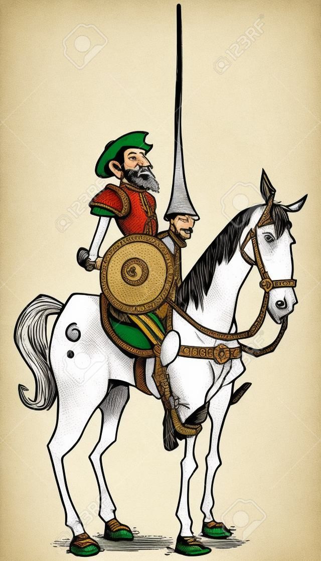 Cartoon illustratie van Don Quichot van de Mancha geïsoleerd op witte achtergrond.