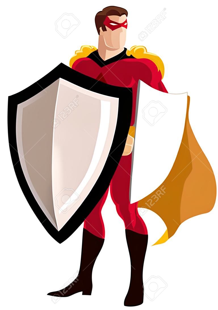 Иллюстрация супергероя, держащего большой щит на белом фоне.
