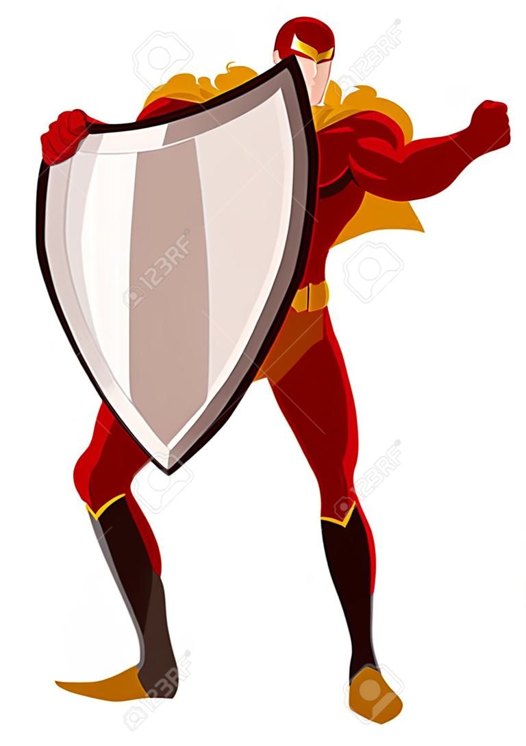 Illustration de super-héros tenant un grand bouclier sur fond blanc.