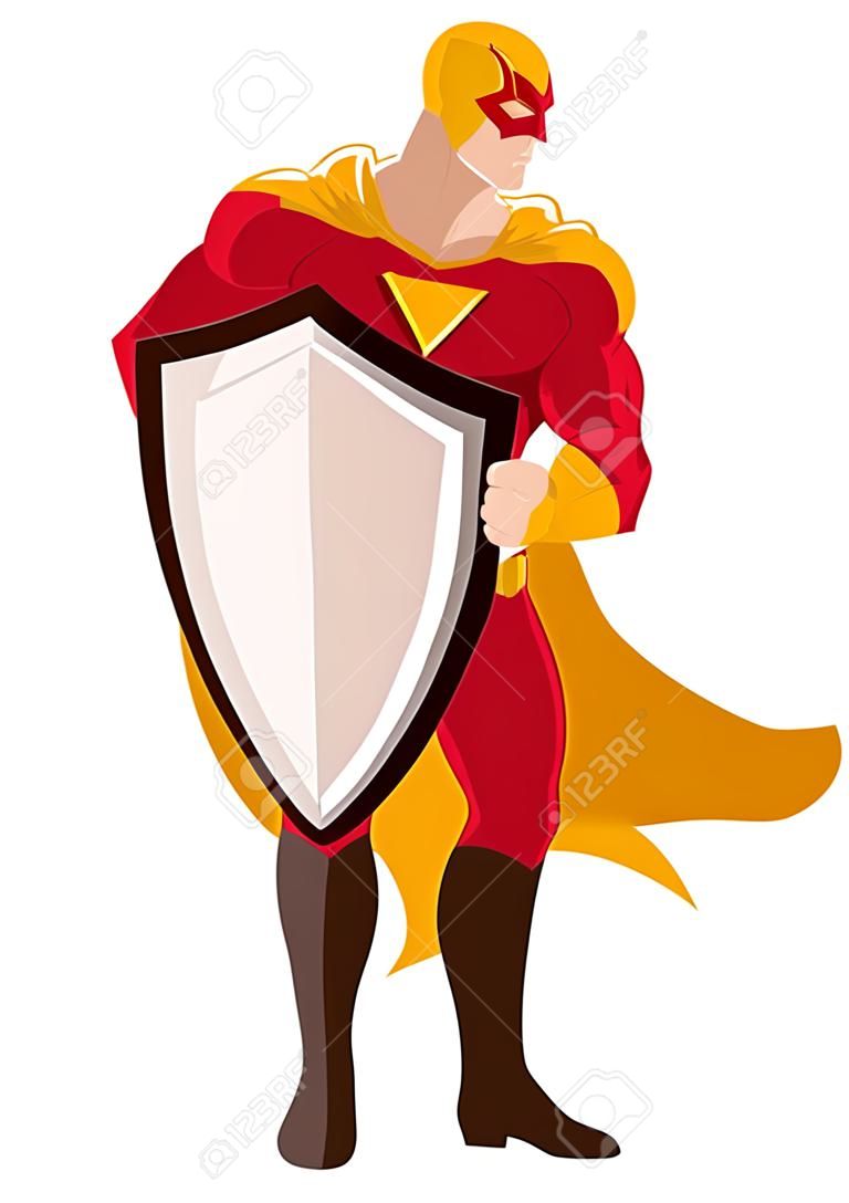 Ilustración del superhéroe que sostiene el escudo grande en el fondo blanco.
