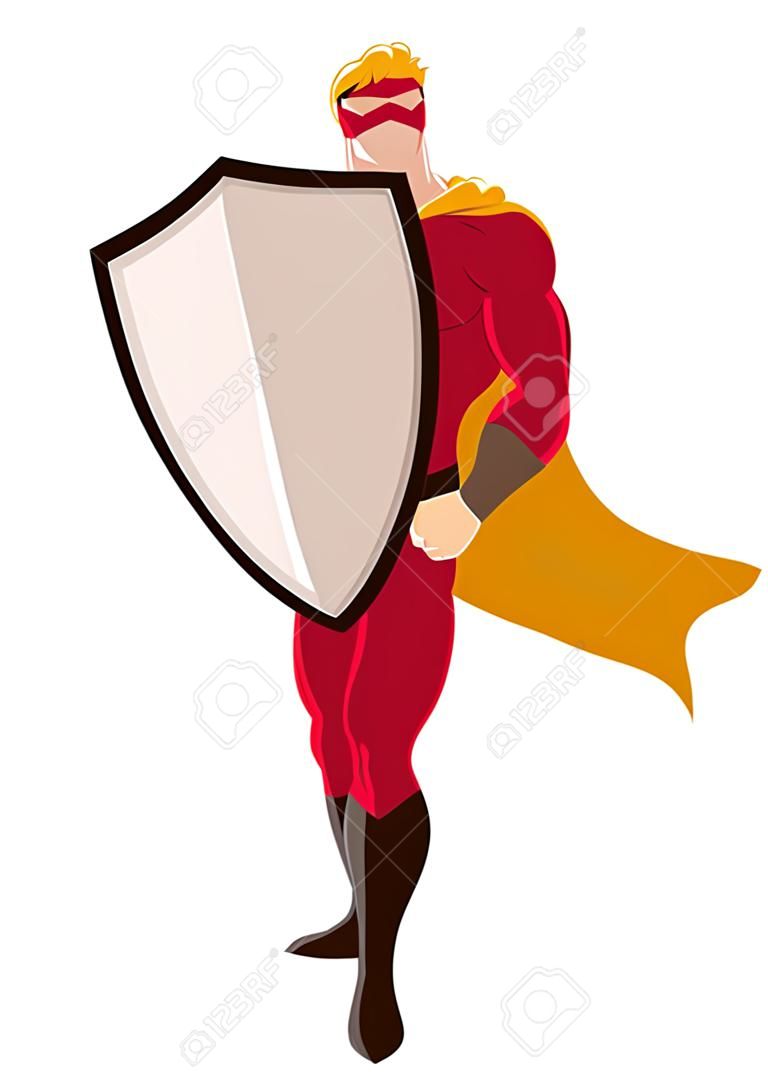 Ilustracja superbohatera posiadającego dużą tarczę na białym tle.