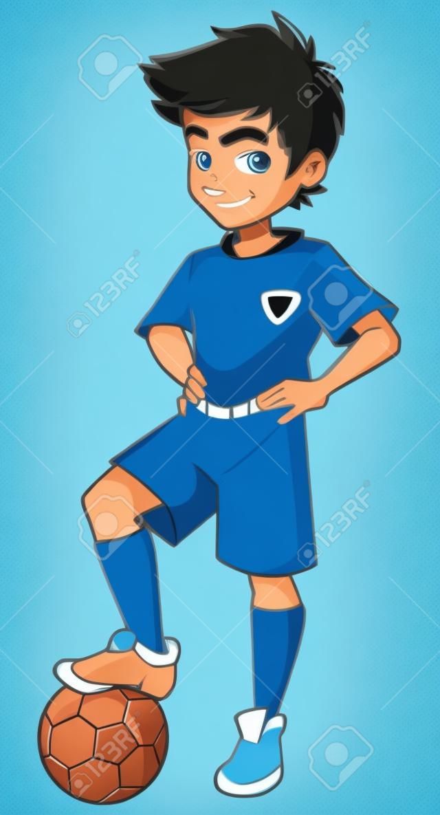 Full length illustration of a competitive boy and football player with blue uniform smiling at the beginning of a match against white background for copy space.