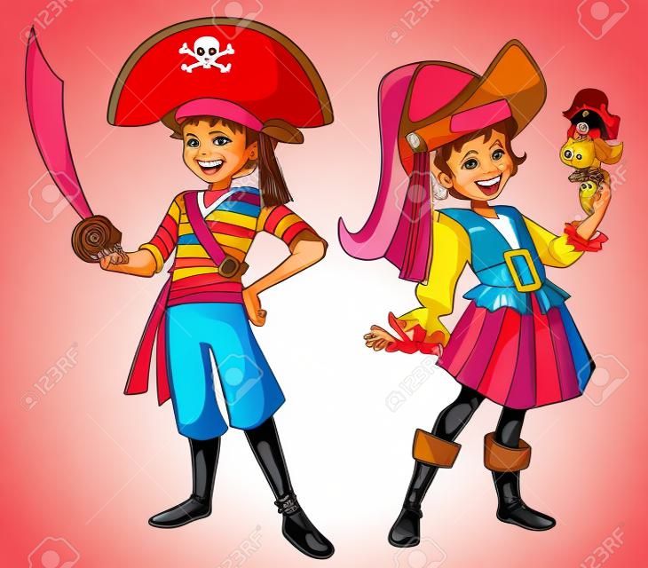 Full length illustration of two cute and happy children wearing pirate costumes.