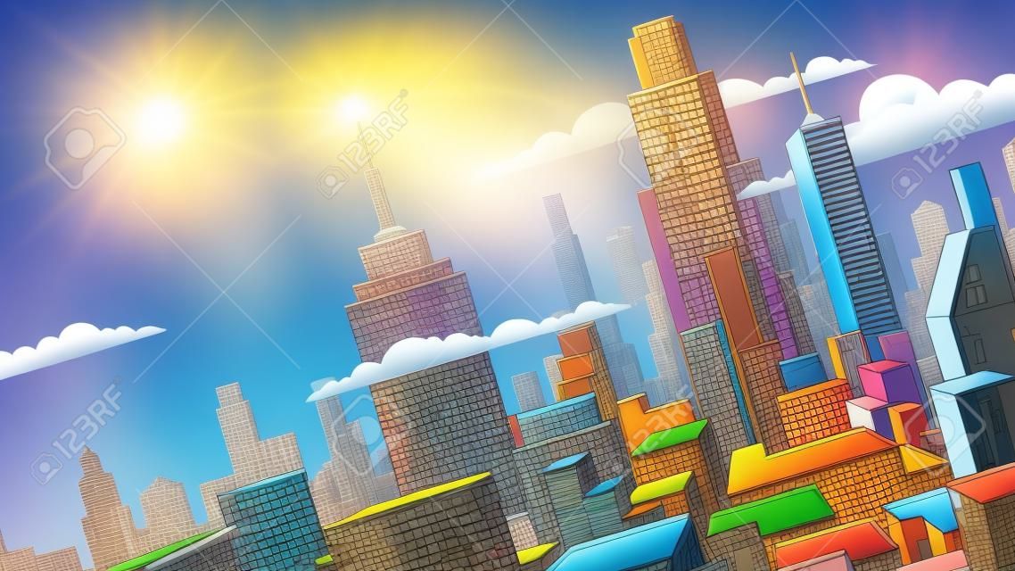 Tilted cartoon cityscape background with comics city.