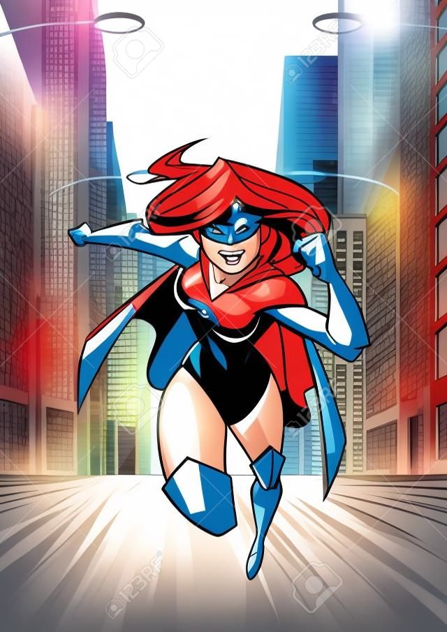 Cartoon illustration of pretty superheroine running fast through city street.