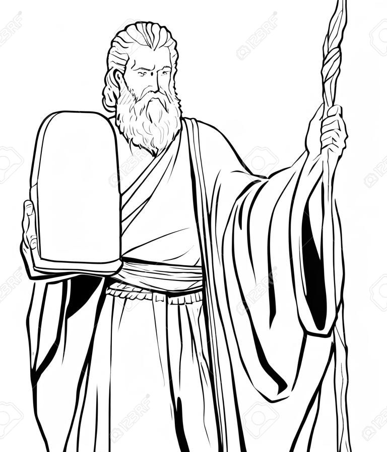 Graficzny portret Mojżesza trzymającego kamienne tablice z dziesięcioma przykazaniami i drewnianą laską.