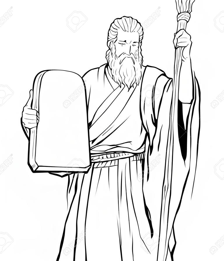 Línea de retrato de Moisés sosteniendo las tablas de piedra con los Diez Mandamientos y su bastón de madera.