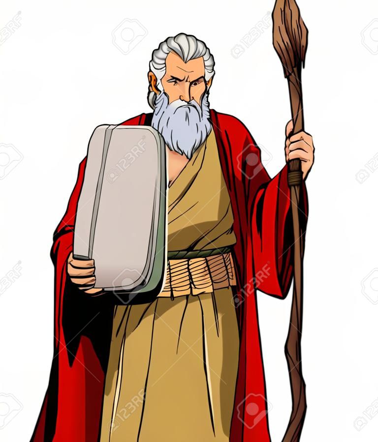 Portrait de Moïse tenant les tablettes de pierre avec les dix commandements et son bâton en bois.