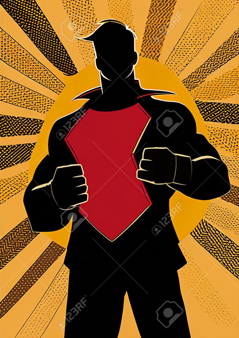 Sylwetka ilustracja biznesmena ujawniająca swoją prawdziwą tożsamość potężnego superbohatera.