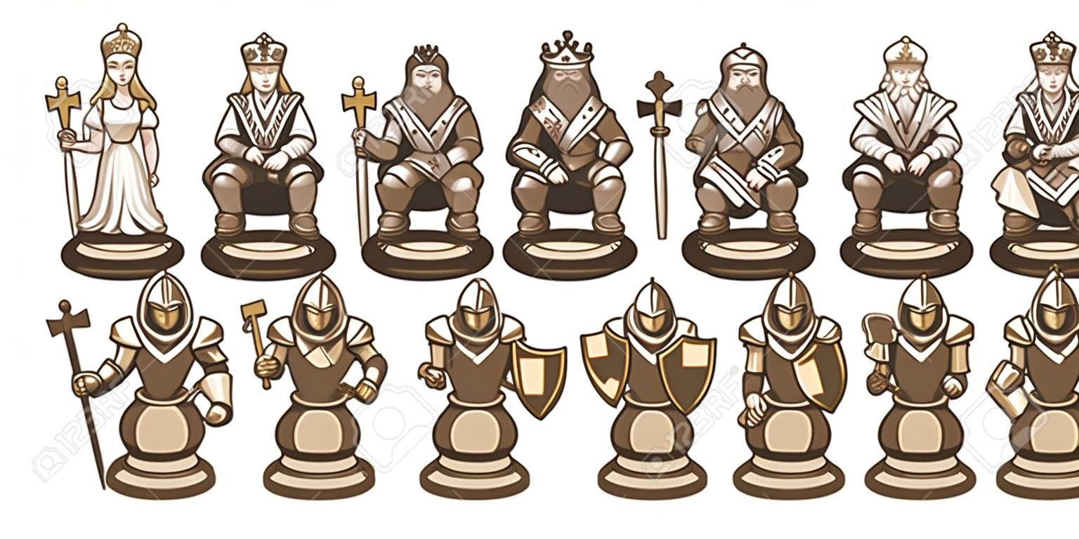 Ensemble complet de personnages de pièces d'échecs de dessins animés blancs, y compris le pion, la tour, le chevalier, l'évêque, la reine et le roi.