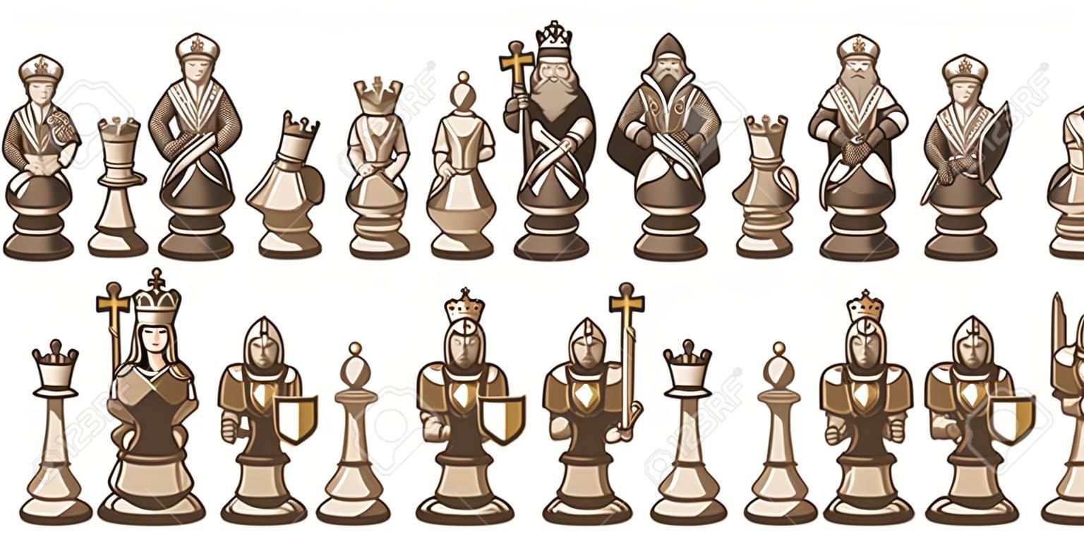 Full set of white cartoon chess piece characters, including pawn, rook, knight, bishop, queen and king.