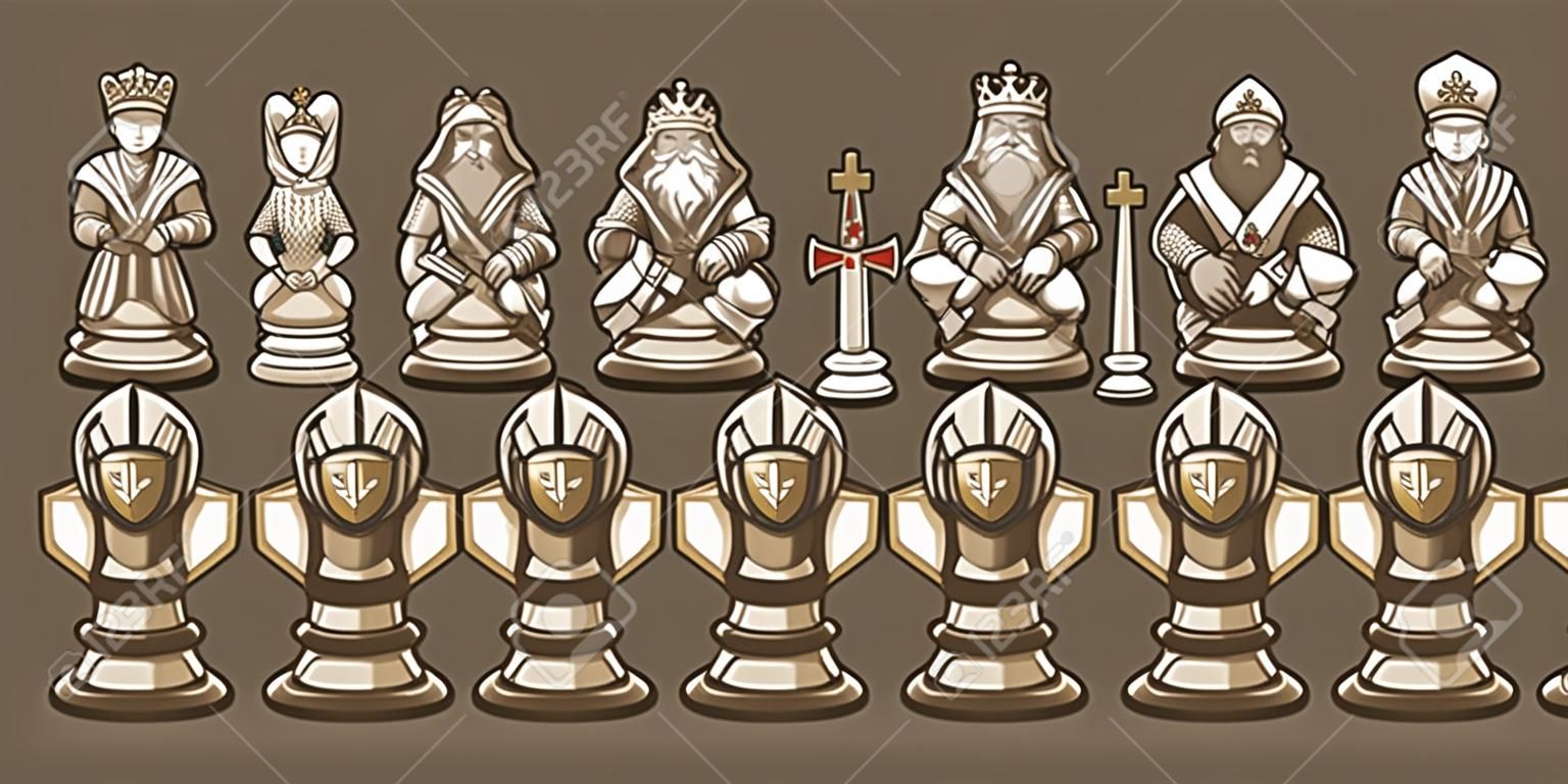 Full set of white cartoon chess piece characters, including pawn, rook, knight, bishop, queen and king.