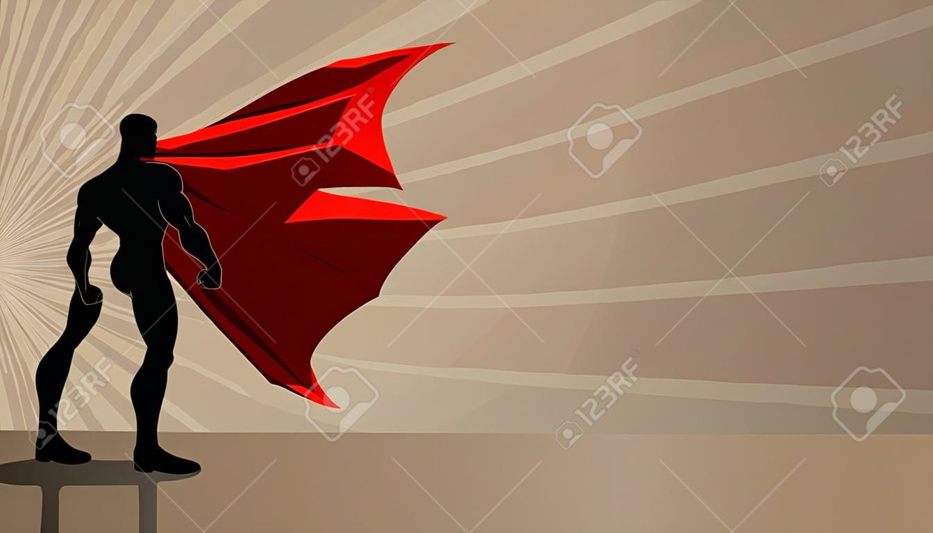 Black superhero standing tall on abstract ray light background with copy space.