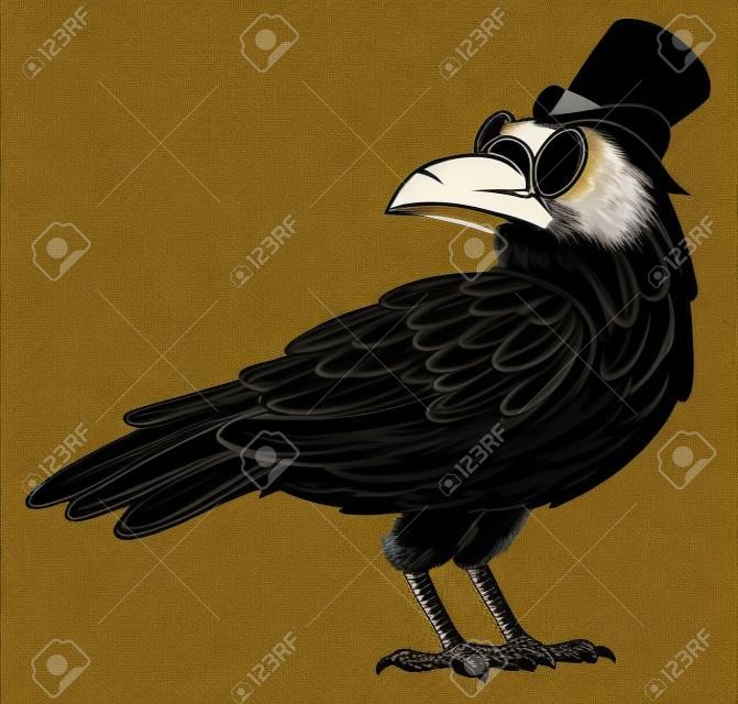 Vintage black raven wearing top hat and glasses is pensively examining surroundings.