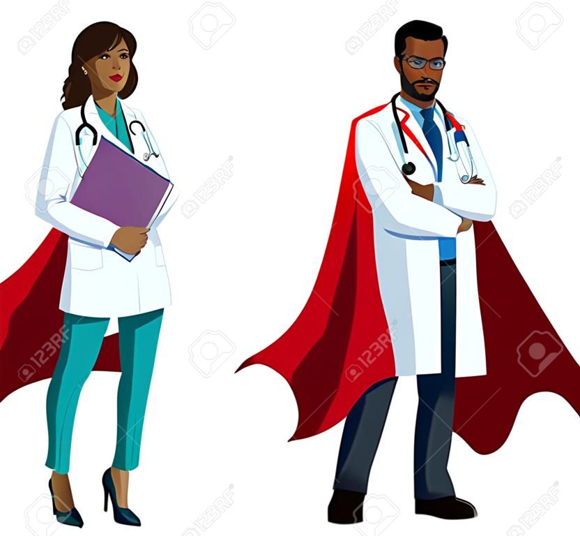 Male and Female medical doctors with superhero capes, on white background.
