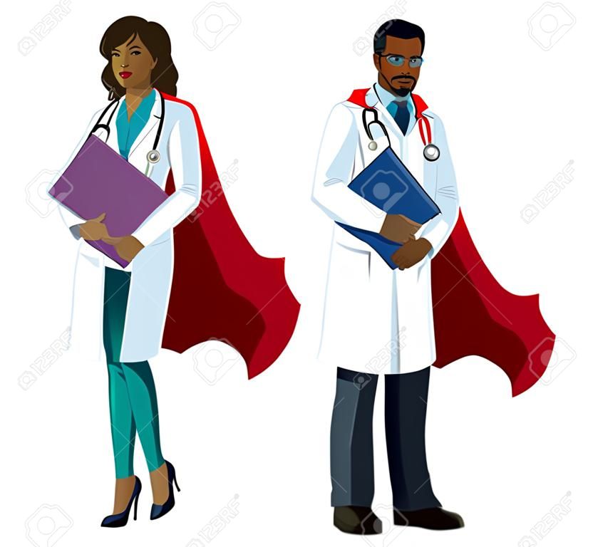 Male and Female medical doctors with superhero capes, on white background.
