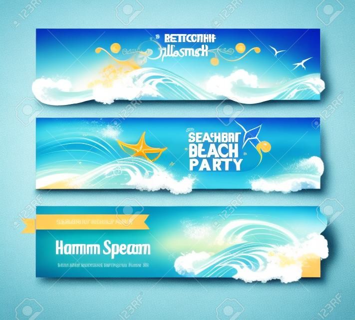 Vector Reihe von Kreide Meer / Ozean horizontale Banner. Starfish, Palmen, Möwen und Wellen. Der beste Sommer. Sommer-Strand-Party. Es gibt Platz für Ihren Text auf Tafel Hintergrund.