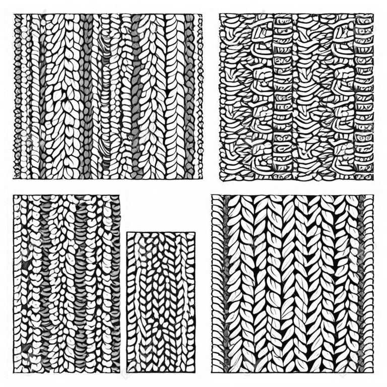 Vector seamless knitted pattern. Four-Stitch and Six-Stitch Cable Stitch textures. Twisting to the left cables. Vector rope cables.  Boundless hand-drawn outlined backgrounds.