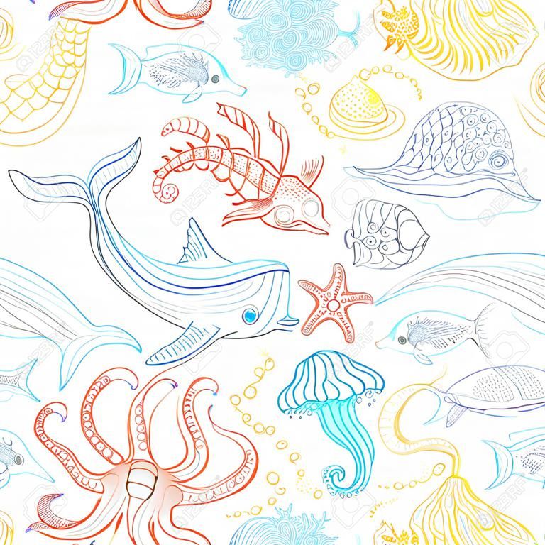 Vector seamless pattern of wild ocean life. Colourful contours of whale, dolphin, turtle, fish, starfish, crab, octopus, shell, jellyfish, seahorse, algae on white. Underwater sea animals and plants.
