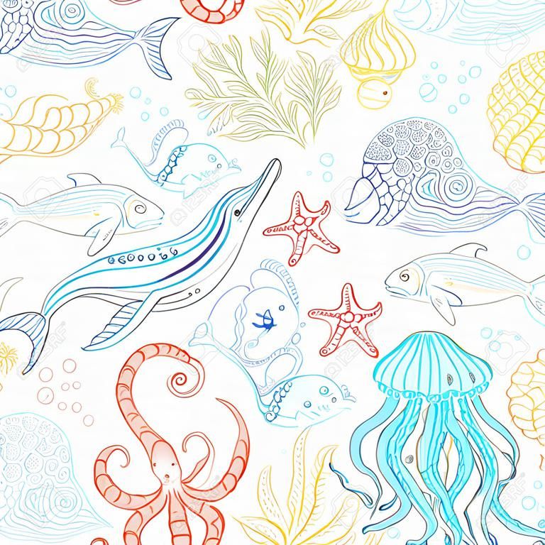Vector naadloos patroon van wilde oceaan leven. Kleurrijke contouren van walvis, dolfijn, schildpad, vis, zeesterren, krab, octopus, schelp, kwallen, zeepaardje, algen op wit. Onderwater zeedieren en planten.