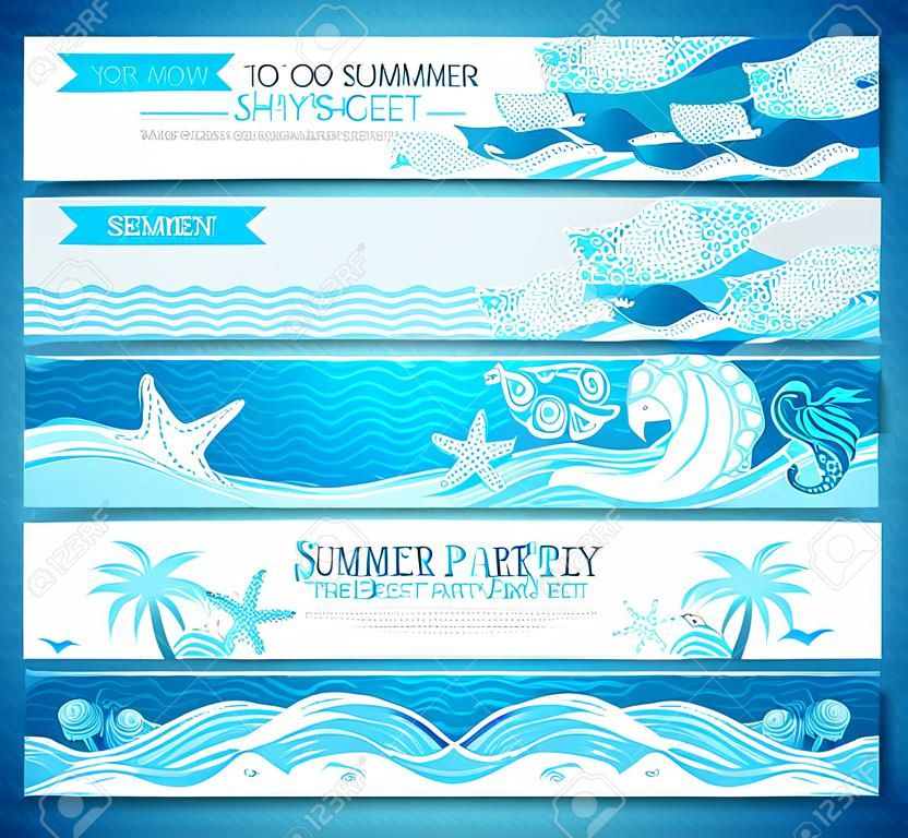 Vector Reihe von Meer / Ozean horizontale Banner. Helle dekorative Illustration. Sommer-Strand-Party. Der beste Sommer. Es gibt Platz für Ihren Text auf weißem Hintergrund.