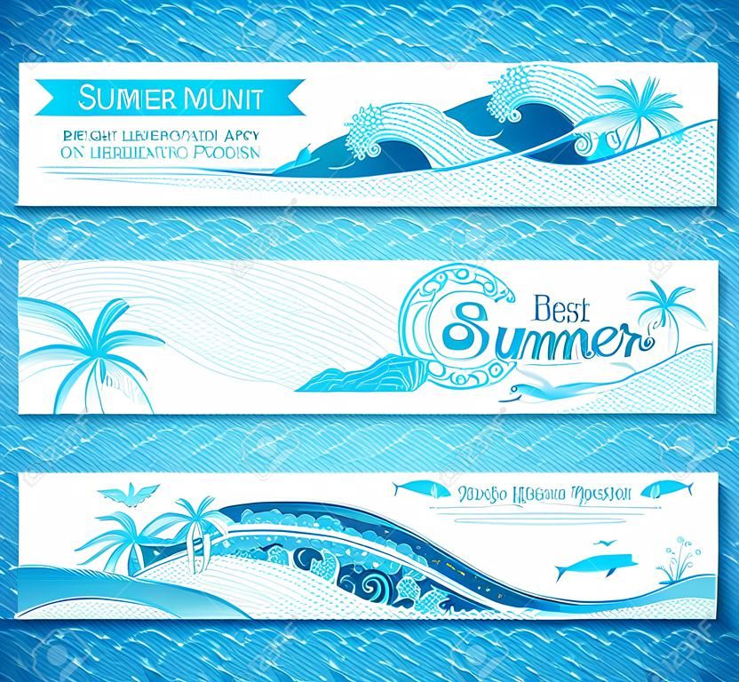 Vector Reihe von Meer / Ozean horizontale Banner. Helle dekorative Illustration. Sommer-Strand-Party. Der beste Sommer. Es gibt Platz für Ihren Text auf weißem Hintergrund.