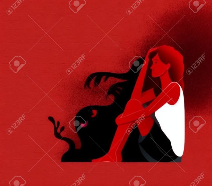Triste jeune personnage féminin assis près de silhouettes de monstres effrayants sur fond rouge comme illustration de la psychothérapie des troubles mentaux et de la paranoïa