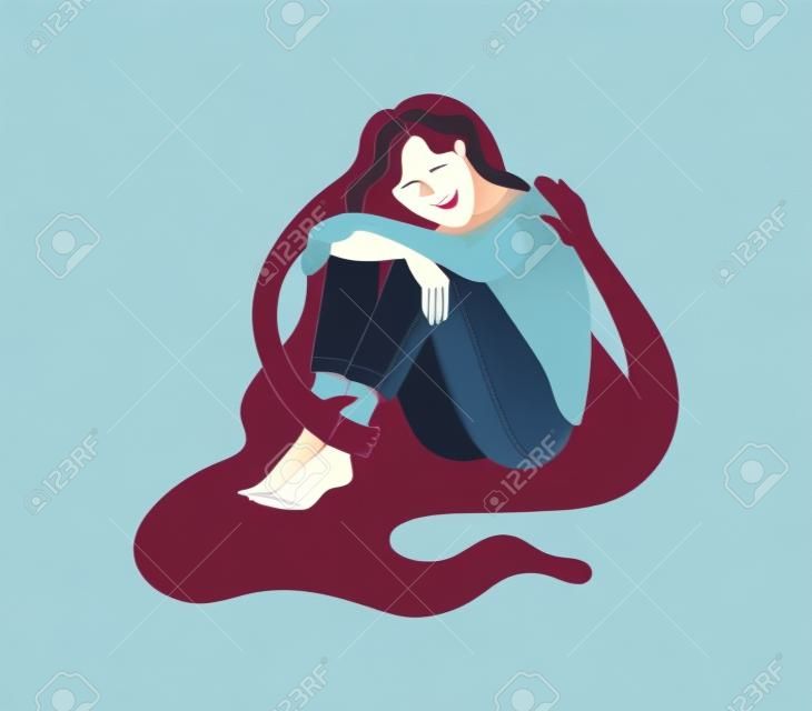 Young woman character sitting hugged by creature silhouette hands on white background. Mental health psychotherapy self care compassion. Flat cartoon illustration