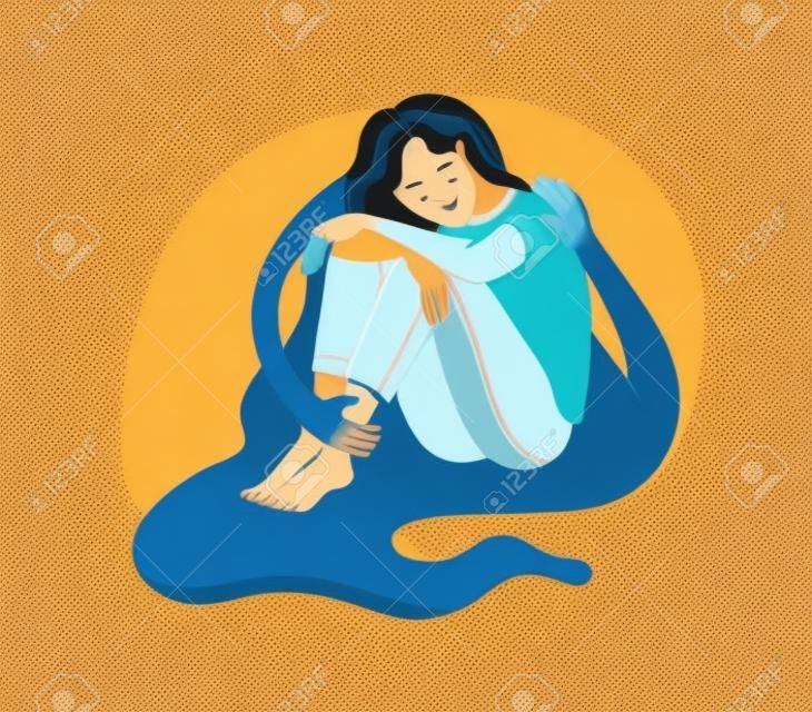 Młoda kobieta postać siedzi przytulona przez ręce sylwetka istoty na białym tle. psychoterapia zdrowia psychicznego samoopieka współczucie. ilustracja kreskówka płaska
