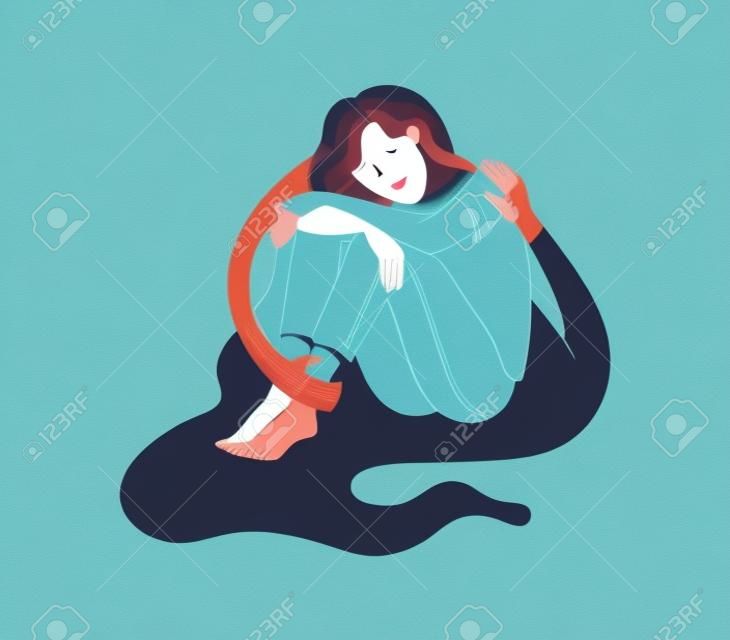 Personaggio giovane donna seduto abbracciato dalle mani silhouette creatura su sfondo bianco. Psicoterapia della salute mentale auto-cura compassione. Illustrazione del fumetto piatto