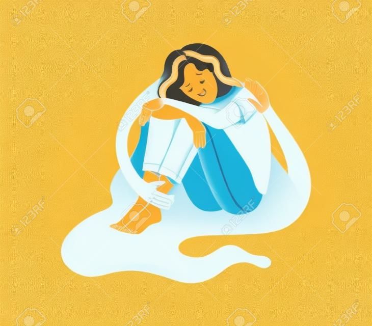 Personaje de mujer joven sentado abrazado por manos de silueta de criatura sobre fondo blanco. Psicoterapia de salud mental compasión por el autocuidado. Ilustración de dibujos animados plana
