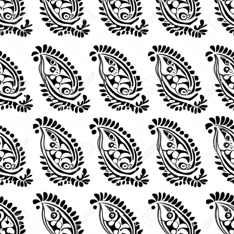 Seamless traditional indian black and white paisley pattern