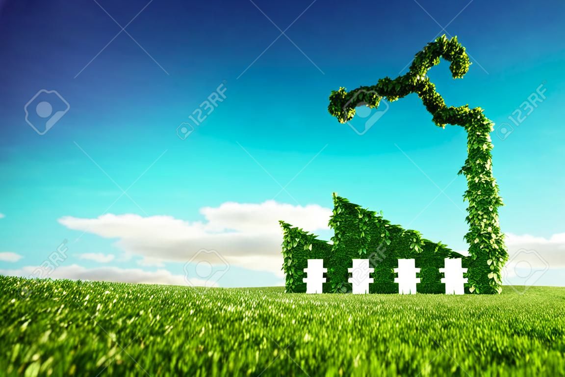 Eco friendly industry concept. 3d rendering of green factory icon on fresh spring meadow with blue sky in background.