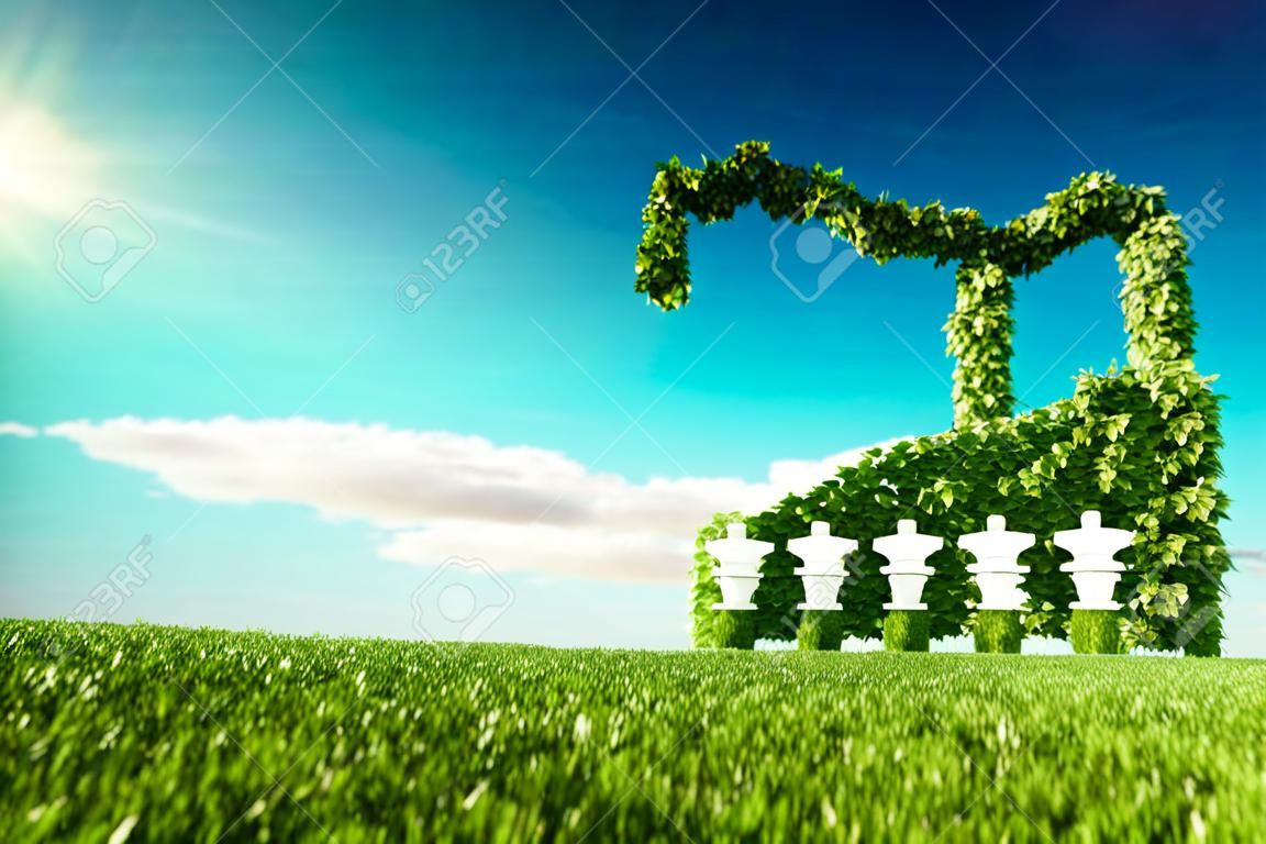 Eco friendly industry concept. 3d rendering of green factory icon on fresh spring meadow with blue sky in background.