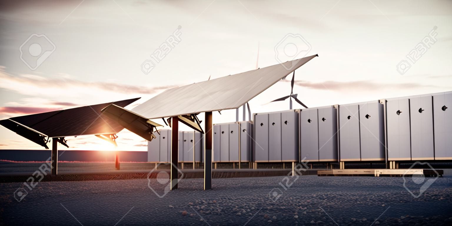 El amanecer de las nuevas tecnologías de energías renovables. Paneles solares oscuros modernos, estéticos y eficientes, un sistema de almacenamiento de energía de batería modular y un sistema de turbina eólica en luz cálida. Representación 3D.
