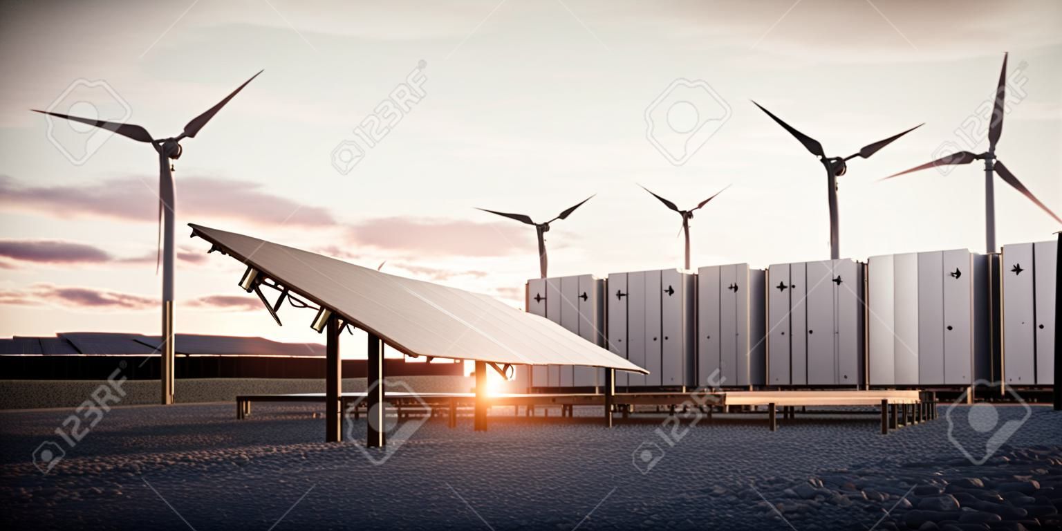 El amanecer de las nuevas tecnologías de energías renovables. Paneles solares oscuros modernos, estéticos y eficientes, un sistema de almacenamiento de energía de batería modular y un sistema de turbina eólica en luz cálida. Representación 3D.
