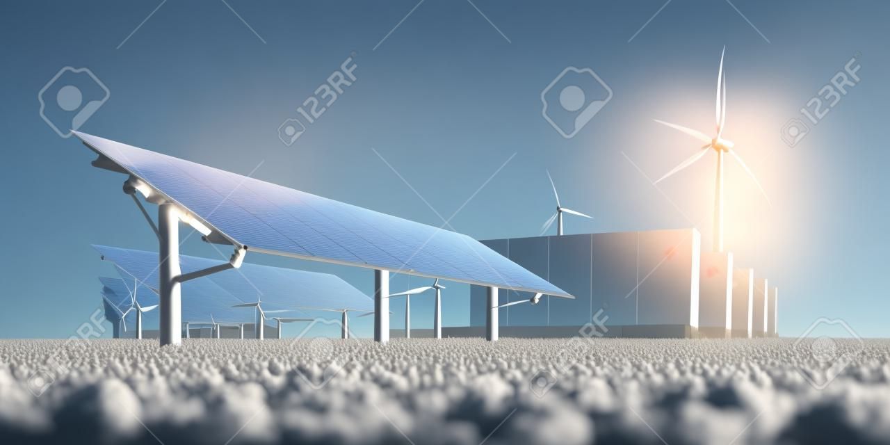재생 가능한 에너지 저장의 개념 배경에 있는 현대적인 검은색 태양광, 모듈식 배터리 에너지 저장 시스템 및 풍력 터빈 시스템. 3d 렌더링.